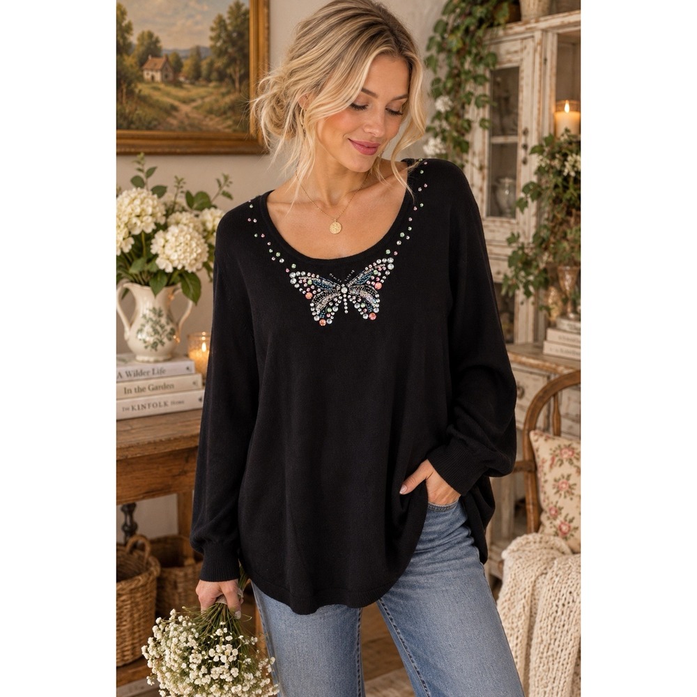 Vtg Quacker Factory Black Sweater Rhinestone Butterfly Size Large Cottagecore